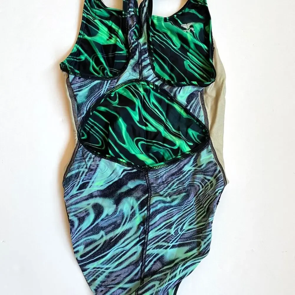 TYR Black~Green Competition Tank Swimsuit SUPER‎ CLEAN COND.